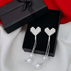 Heart Shaped Imitation Pearl Long Tassel Earrings