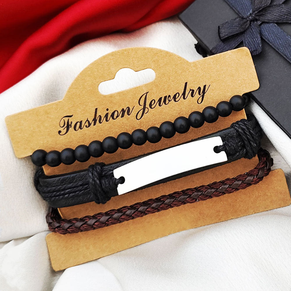 Black Beads Leather Charm Bracelet (Men & Women - Pack of 3)