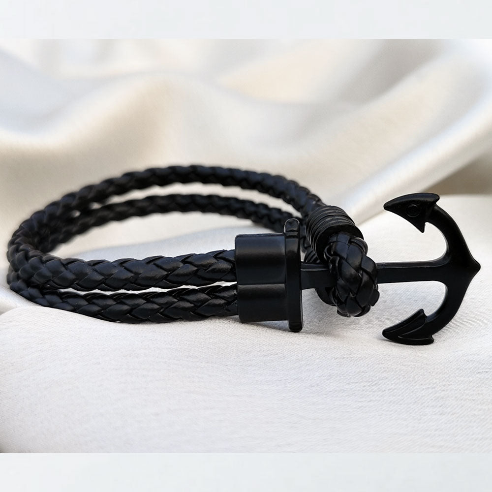 Vintage Black Braided Leather Anchor Bracelet