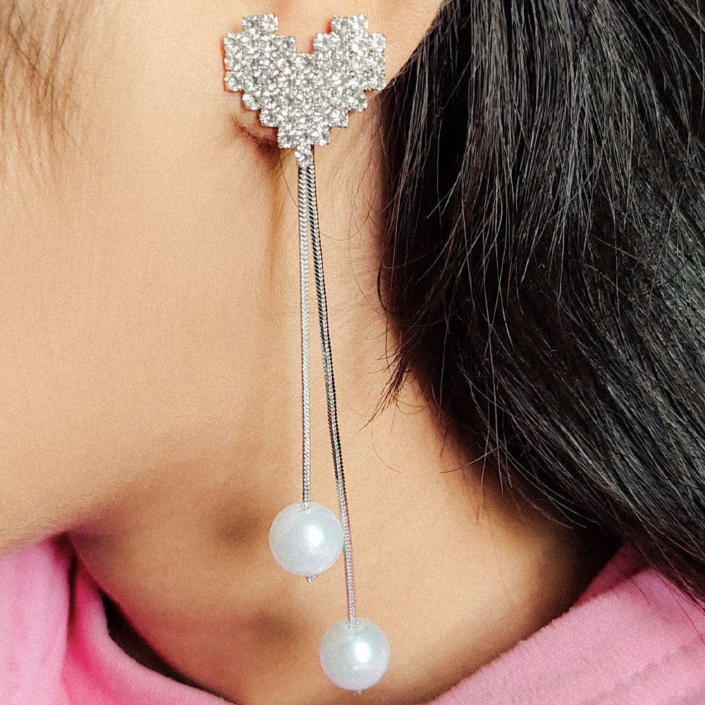 Heart Shaped Imitation Pearl Long Tassel Earrings